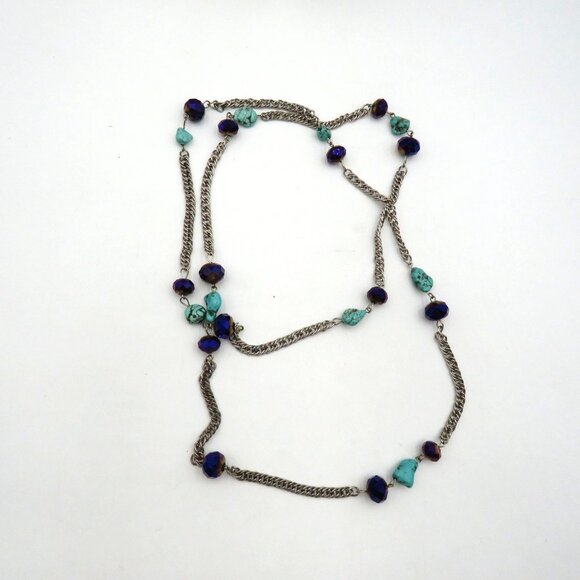 Station Bead Necklace 42" Long Silver Tone Chain Turquoise Faceted Blue Beads - Picture 4 of 6